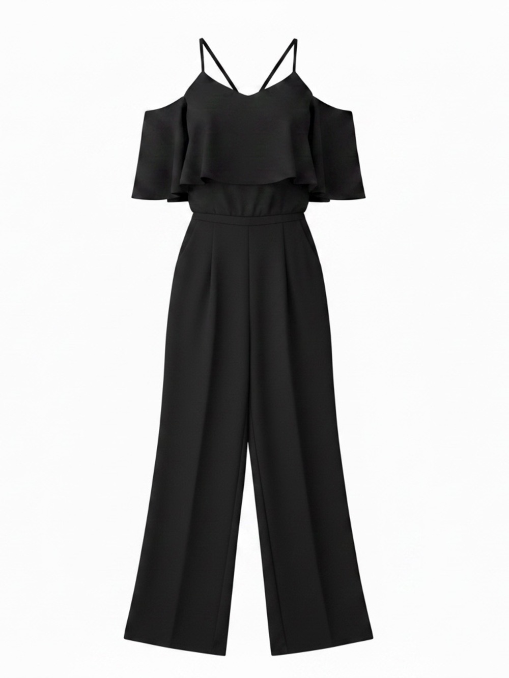 ASOS Black Cold-Shoulder Wide-Leg Jumpsuit with Ruffle Overlay